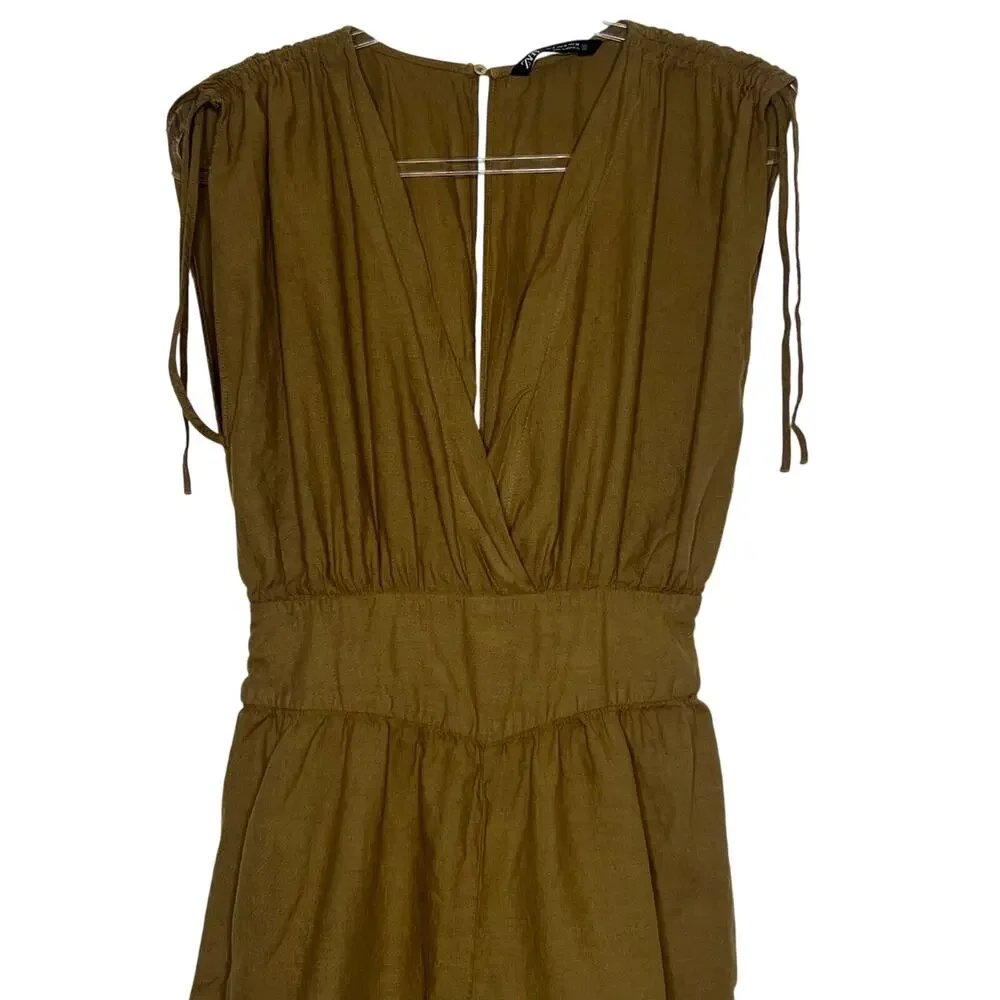 ZARA Linen Blend Romper V-Neck Sleeveless Ruched Shoulder Khaki Womens Size M